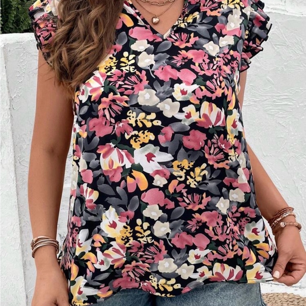 SHEIN Multicolor Floral Ruffle Sleeve Blouse